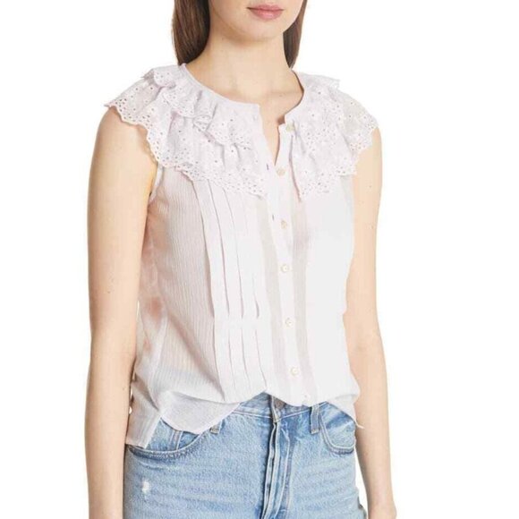 Rebecca Taylor Dree Cotton Silk Ruffle Top Womens 10 Pink Eyelet Sleeveless - Picture 8 of 8